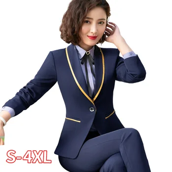

New Fashion Business Women Pants Suits Plus Size Work Office Ladies Long Sleeve Slim Formal Blazer And Pants Set