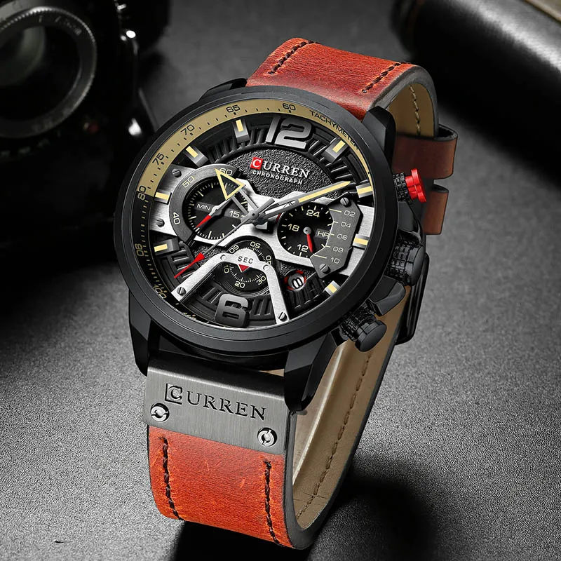 Часы для мужчин Curren Лидирующий бренд Модный хронограф мужские часы кожаные водонепроницаемые спортивные часы Мужские наручные часы reloj hombre - Цвет: black black