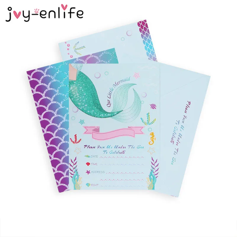  8pcs Little Mermaid Party Invitation Cards Invited Envelopes Baby Shower Gift Girl Birthday Party D - 4.00058E+12