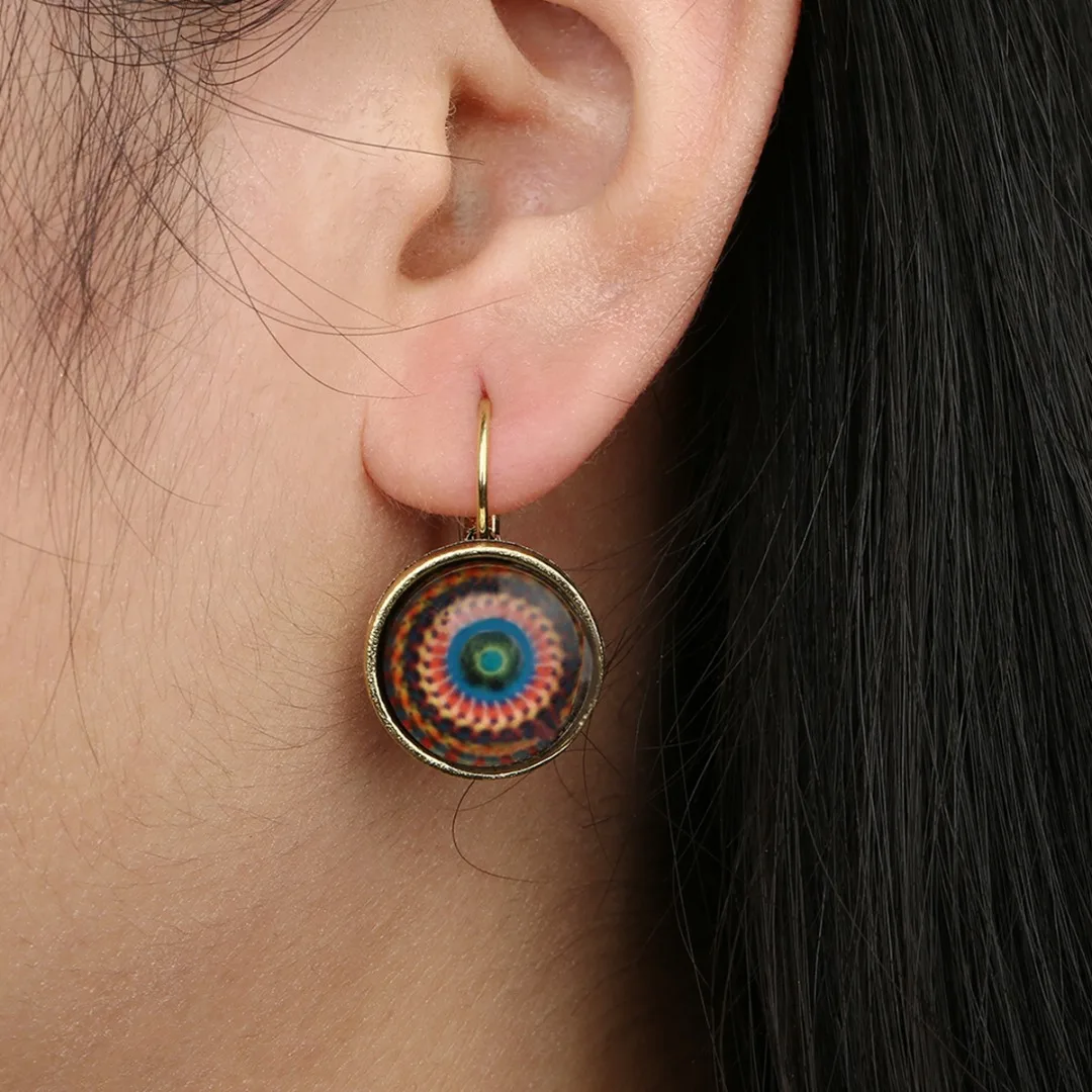 Vintage Colorful Round Flower Ear Stud Classical Retro Ethnic Stylish Earrings Unique Charming Women Jewelry Chic Accessories