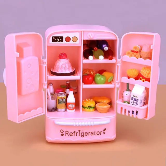 Mini Double Door Refrigerator Girl Toys Miniature Kitchen Furniture Accessories for Barbie Dolls & Kids Play Food Games 1