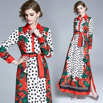 

Fashion Designer Vintage Long Dress Spring Summer Holiday Flower Print Polka Dot Striped Ladies Loose Split Maxi Dress With Belt
