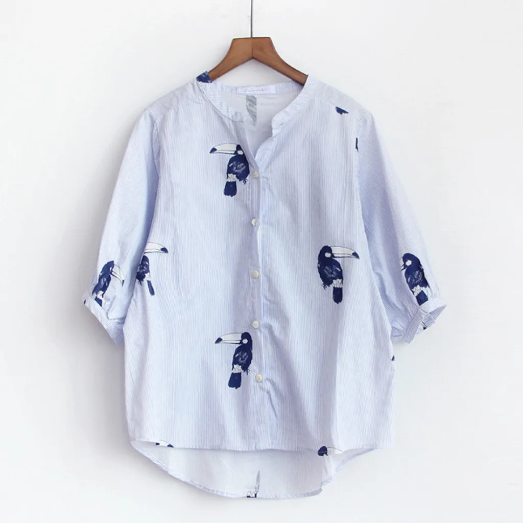 

Womens Tops And Blouses Summer Fashion Half Sleeve Striped Animal O Neck Button Blusas Femininas De Ver O 2019 Casual OY41*