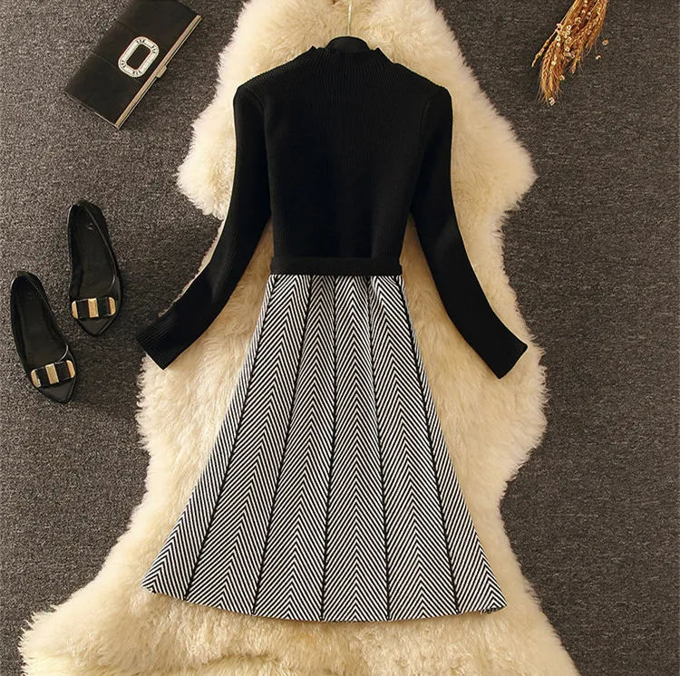 Autumn Winter Dress Women Black Patchwork Long Sleeve Knit Sweater Dress Bodycon Work Office Dress Formal Spring