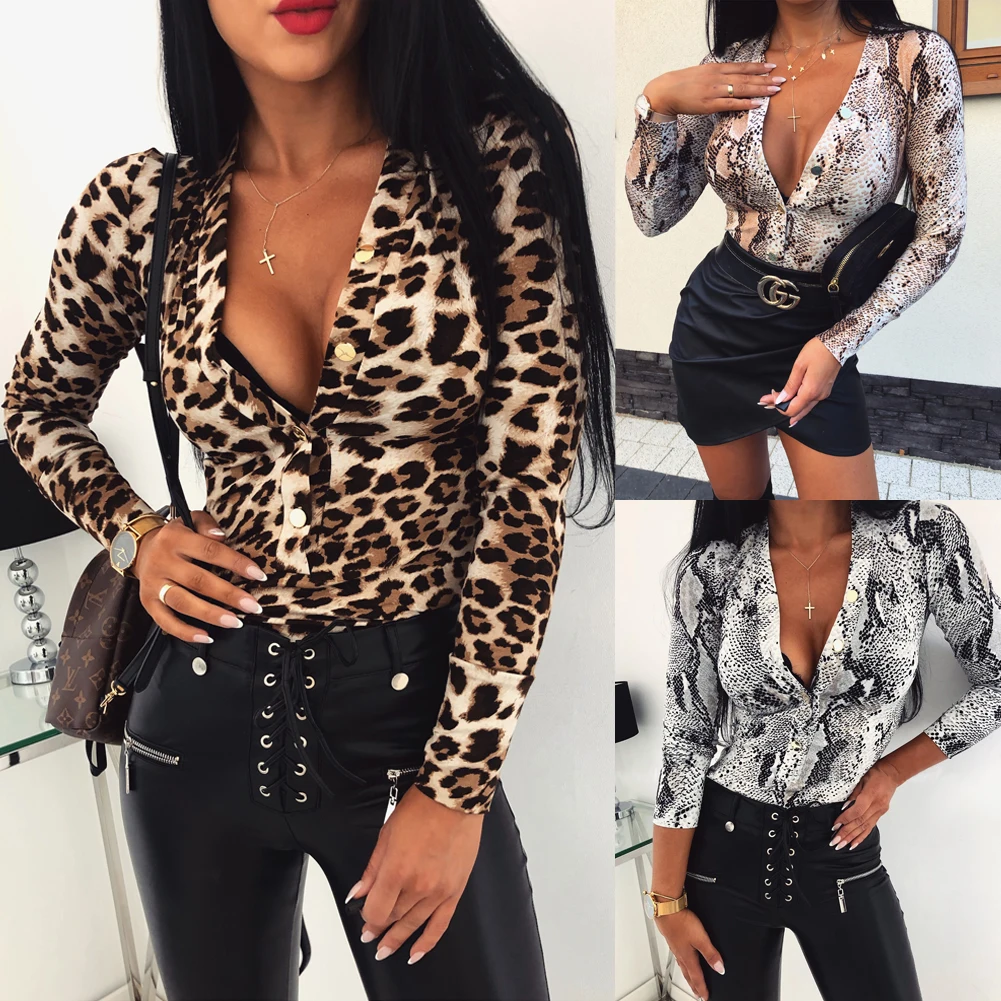 Autumn Sexy Serpentine Pattern Long-Sleeved V Neck Women Bodysuits Fashion Leopard Printed Skinny Rompe Bodysuits