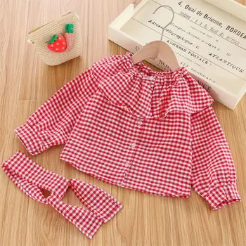 

Baby Autumn Plaid Suit Sports Fan Ruffled Collar Casual Red Baby Girls Crew Neck Blouses Chinese Style Noenname_null Regular