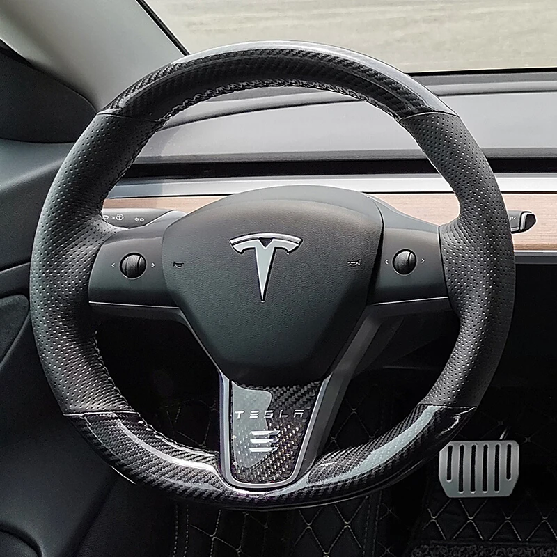 

For Tesla Model3 DIY Leather carbon fiber hand sewn steering wheel cover