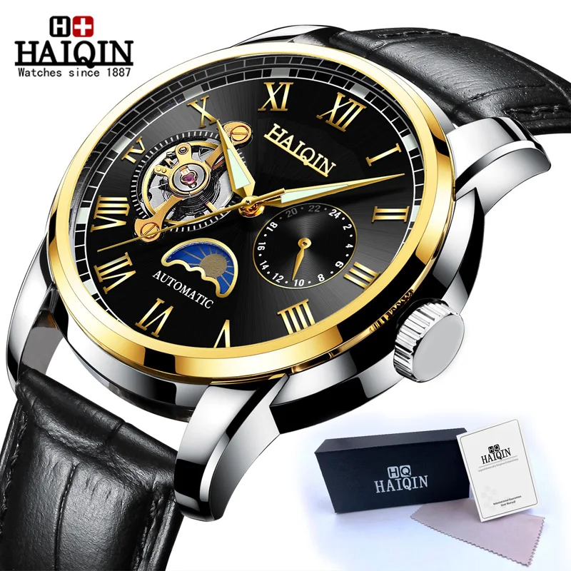 Gold Black Новинка HAIQIN, мужские механические часы, автоматические мужские часы, Топ бренд, роскошные часы, мужские наручные часы в Военном Стиле, Relogio Masculino - Цвет: Gold Black