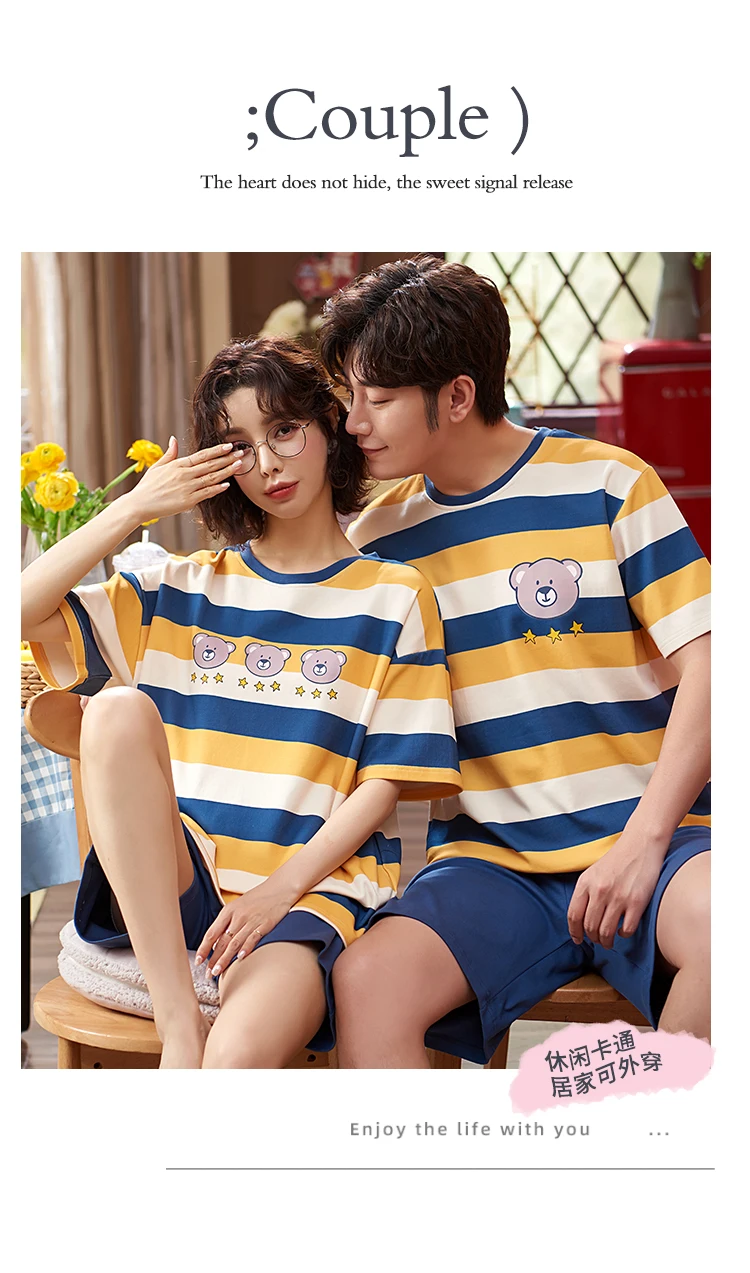 pajama joggers Korean Cute Women Pajamas Set Funny Japan Anime Doraemon Couple Sleepwear Couple Cotton Blue Stripe Short Sleeve Lovers Homewear mens pajama pants