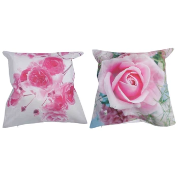 

2 Pcs Throw Pillow Case Pink Sofa Home Car Decor Cushion Cover flax 18x18inch Rose Series one & Flowers Series three