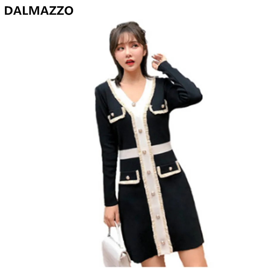 2019 Newest Autumn Design Women Single-breasted V Neck Knitted Dresses Good Quality Womans Long Sleeve Runway Dress Female | Женская