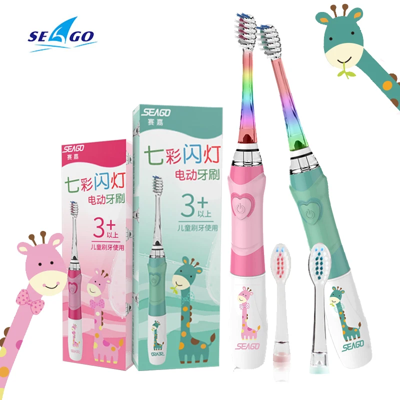 Seago-cepillo de dientes eléctrico para niños, linterna LED colorida, cerdas Dupont de 16000 tiempos de frecuencia, vibración sónica de 2 cabezales