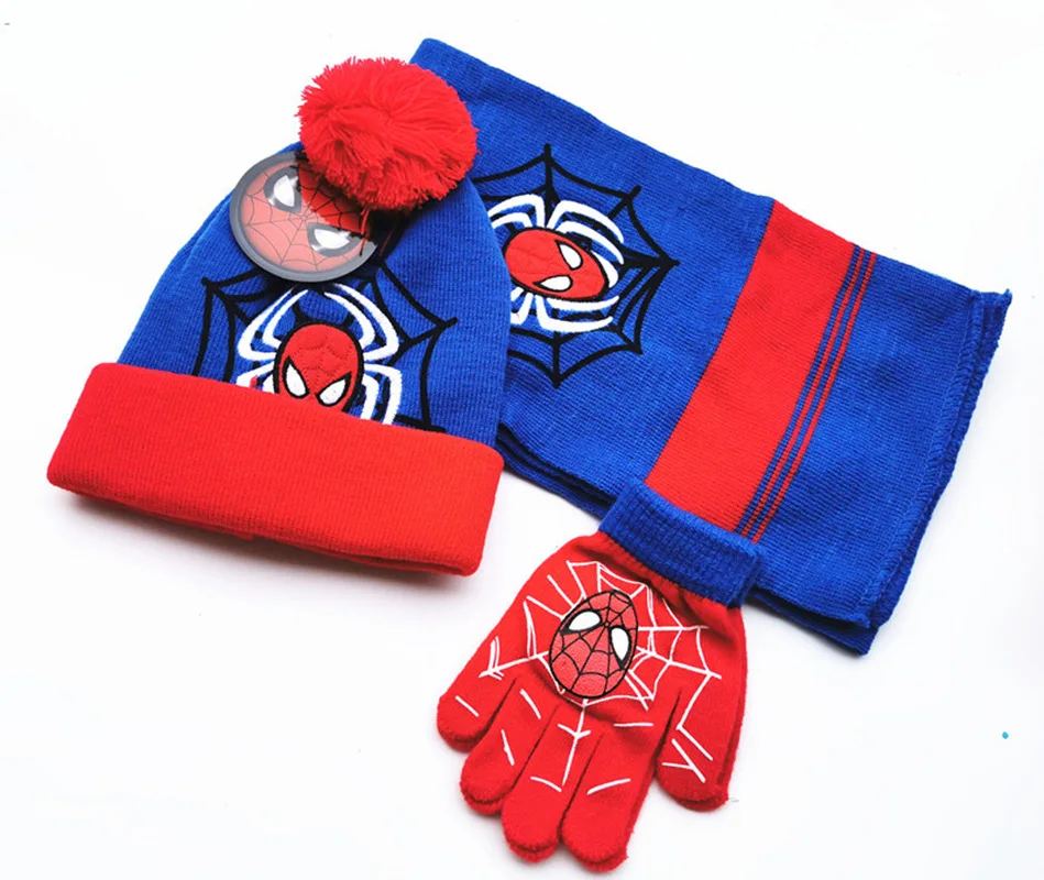 Осенне-зимняя теплая шапка, перчатки, шарф для маленьких мальчиков и девочек, комплект с рисунком Человека-паука, Анна, Лиза, вязаные аксессуары, 3 предмета, для детей возрастом от 2 до 8 лет