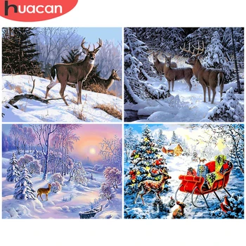 

HUACAN Painting By Number Animal Handpainted Wall Art Pictures By Number Winter Deer Drawing Acrylic Gift Home Decor