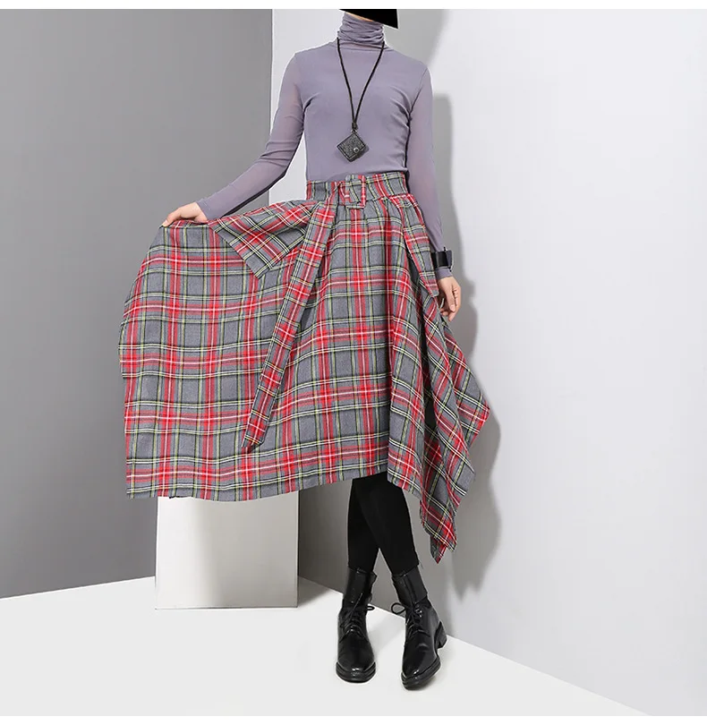 Осенняя зимняя одежда Женская Асимметричная большая свободная юбка до середины икры Корейская элегантная клетчатая Высокая Повседневный поясной ремень свободные юбки макси