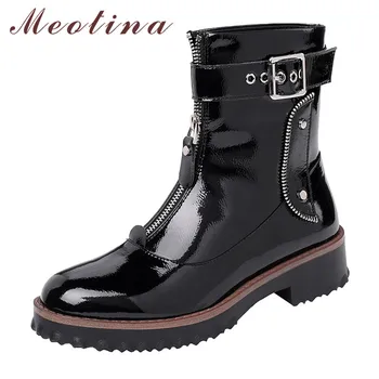 

Meotina Winter Ankle Boots Women Natural Genuine Leather Zipper Thick Heels Motorcycle Boots Buckle Round Toe Shoes Lady Fall 42