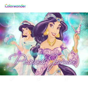 

Aladdin Party Colorful Starry Sky Backgrounds with Twinkle Stars Jasmine Princess Wearing Glitter Dress Backdrops for Newborn