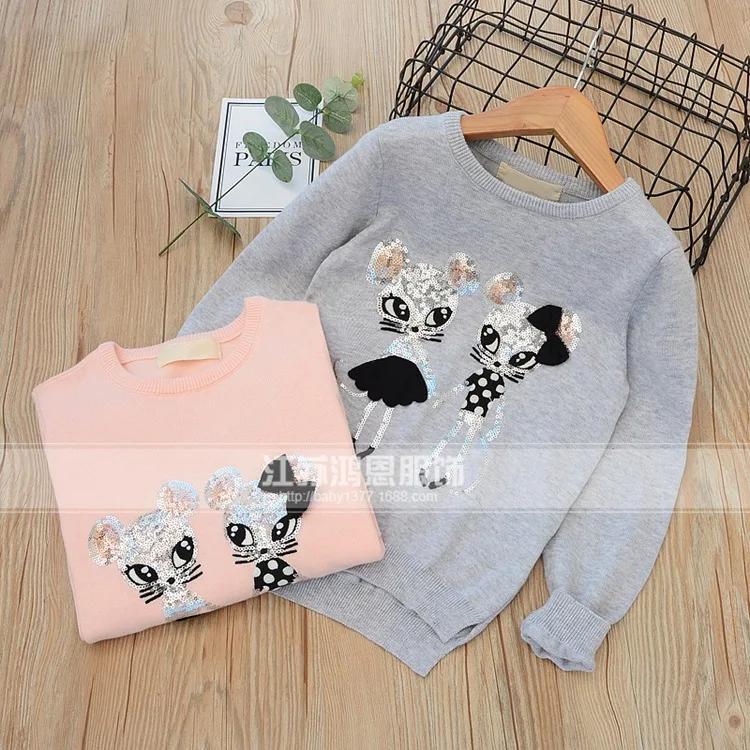

Childrenswear 18 Autumn Cute Sequin Little Mouse Girls' Pullover Sweater Children Crew Neck Sweater 5c13