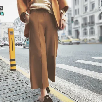 

Women's Wide Leg Pants Autumn Winter Solid Color High Waist Pants Thick Warmer Cropped Straight Pants