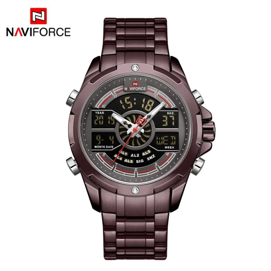 NAVIFORCE Sport Men Watches Fashion Digital Quartz Wrist Watch Steel Waterproof Dual Display Date Clock Gold Relogio Masculino - Цвет: Coffee