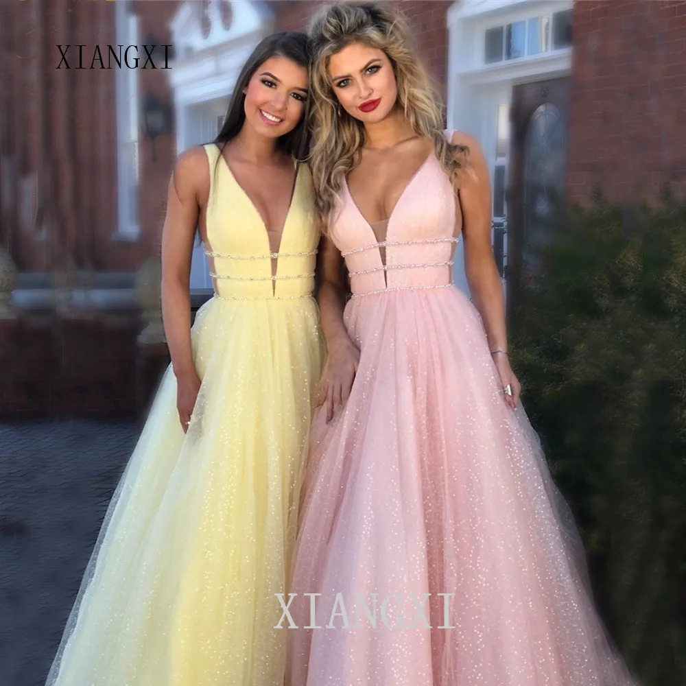 Robe de bal brillante rose a-ligne profonde col en v sans manches paillettes longue robe de soire formelle égante robes