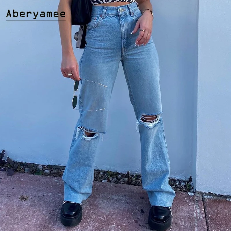 Aberyamee Lutut Rippped Jeans Wanita Panjang Longgar Rumbai Lantai Celana  Wanita Jalan Tinggi Pinggang Lurus Dicuci Denim 2021 Baru - AliExpress  Pakaian Wanita