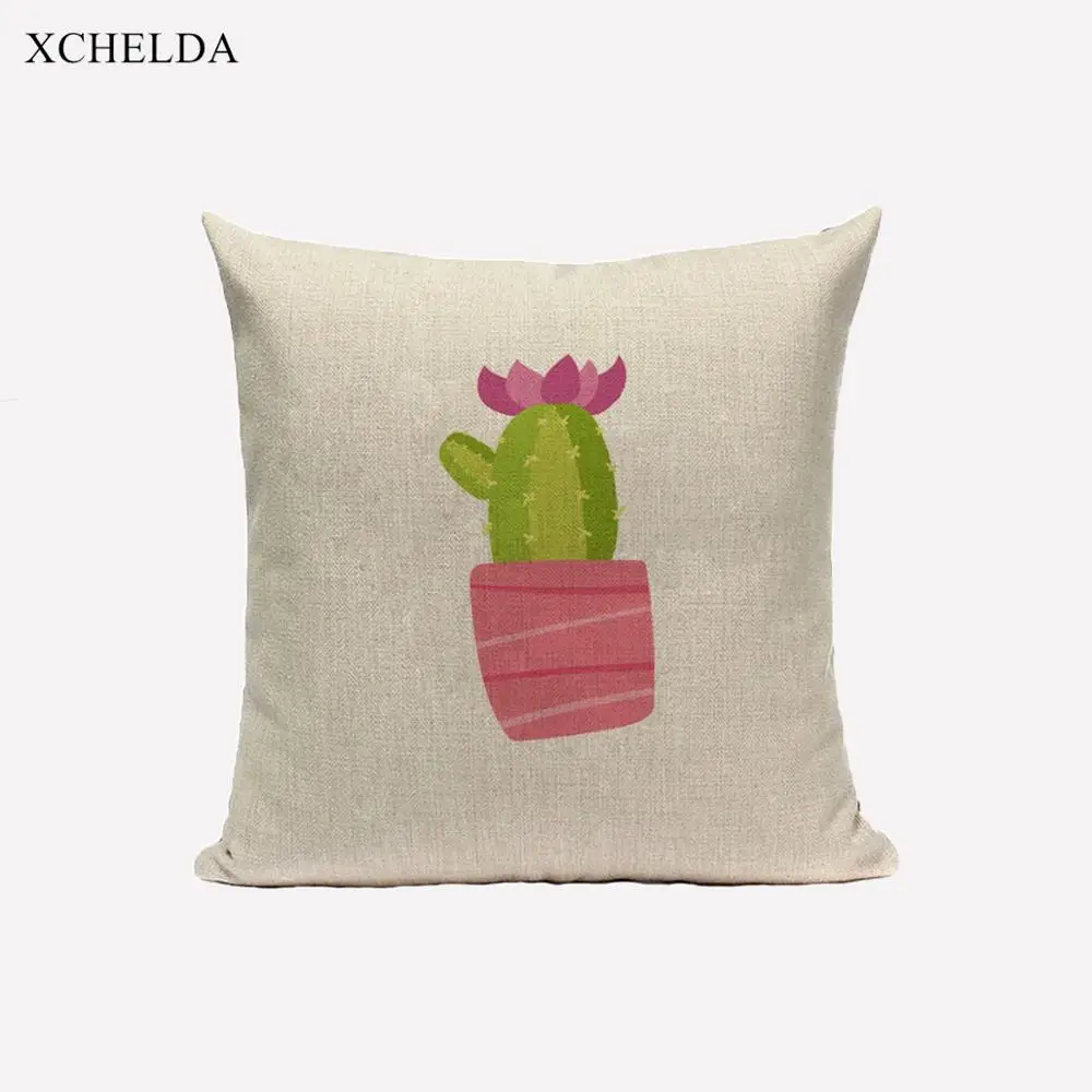 Linen Cushion Cover Beige Cut Tropical Cartoon Cactus Pattern 45*45 Home Decorative Pillow Case Pillowcase for Sofa Car Seat