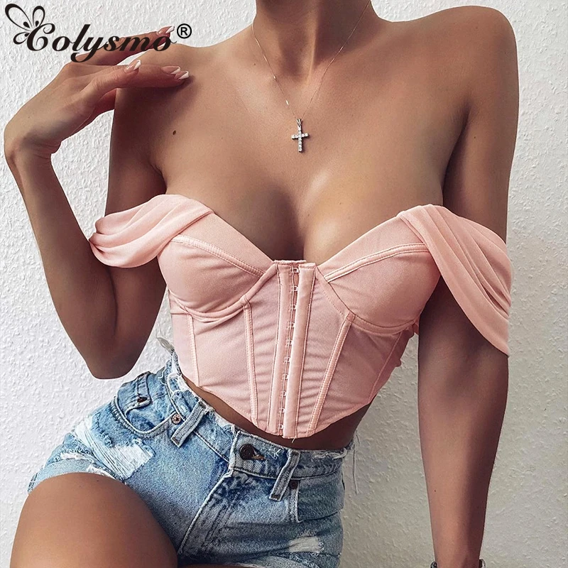

Colysmo Underwire Mesh Bustier Women Summer Off Shoulder Boned Push Up Padded Blusas Pink Chic Hasp Corset Tops Pink 2020 New