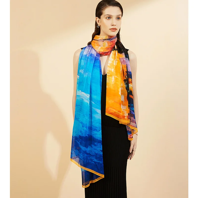 

19 Years Spring New Style Oil Painting Spray-print Long Silk Scarf 100% Mulberry Silk Chiffon Women's Thin Shawl