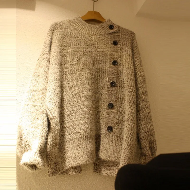 

2019 Autumn Sweater New Women Retro Single Row Buckle Sleeve Bottom Knitting Sweater Women O-Neck Pullovers Sweaters Women