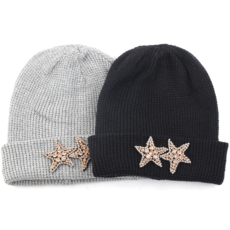 Кашемировая шапочка для взрослых, осенне-зимняя теплая шапка с черепом, шапка бини, пуловер с манжетами, шапка с 2 бриллиантами, звезды, стразы, аксессуары