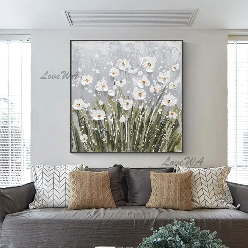 

High Quality White Flower Oil Painting Palette Knife Home Good Wall Canvas Art Modern Bedroom Showpieces Paintings Unframed