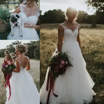 

Country Style Wedding Dresses Scoop Neck Illusion Vintage Lace Appliques A-line Plus Size bohemian Open Back Bridal Gowns