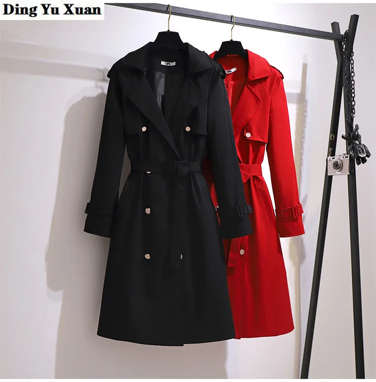 

BIG Size Long Trench Coat for Women autumn winter Female Slim Trenchcoat Black Red Belt Outwear Korean Style Windbreaker 6XL