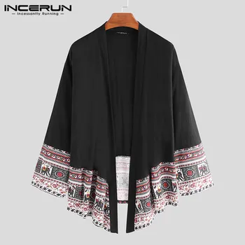 

INCERUN Traditional Retro Men Printed Patchwork Long Sleeve Fashion Kimono Cardigan Jackets Cotton Casual Street Mens Outerwear