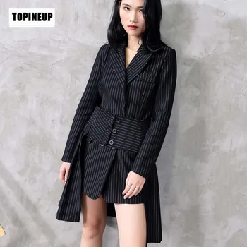

European mid-long asymmetrical pleated women blazers Plus fashion striped Skirts Two pieces set outfits