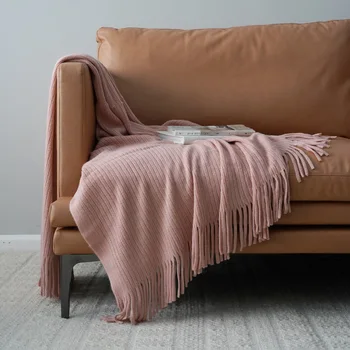 

Solid Color Pink Knitted Blanket for Sofa Home Textile Decor Bedspread Throw Office Rest Tassel Decor Throws and Blankets