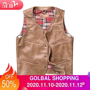 

2020 Light Brown American Casual Style Leather Vest Men Single Breasted Plus Size XXXXL Genuine Cowhide Spring Slim Fit Vest