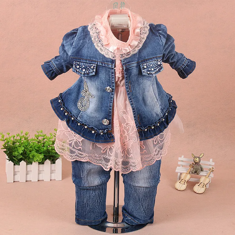 Коллекция года, осенне-Весенняя детская ковбойская одежда для малышей комплект одежды для девочек, одежда для маленьких девочек костюм из 3 предметов, пальто джинсовые штаны