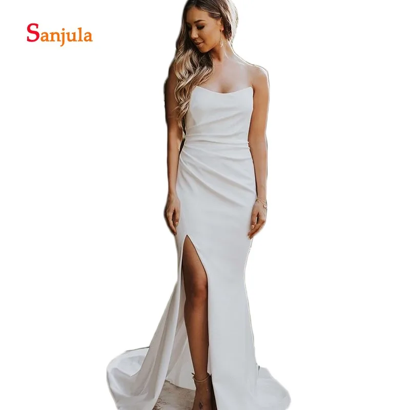 

Ivory Sheath Wedding Dresses Long Sweetheart Simple Leg Slit Summber Beach Wedding Gowns Open Back vestidos de noiva D1304