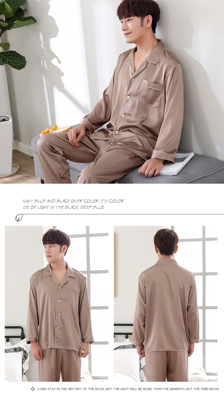 BEZL Для Мужчин's пятностойкий шёлк пижамный комплект Для мужчин пижамы Пижама с длинными рукавами; отложной воротник сна Lounge Повседневная
