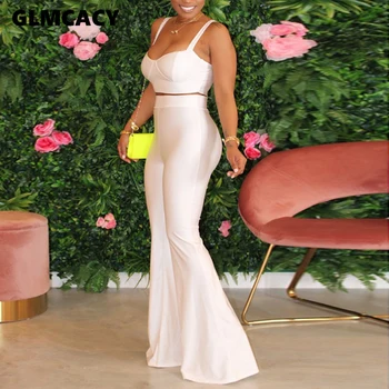 

4 Colors Women Two Piece Matching Sets Spaghetti Strap Top & High Waist Bodycon Bell Pants Casual Plus Size Suits