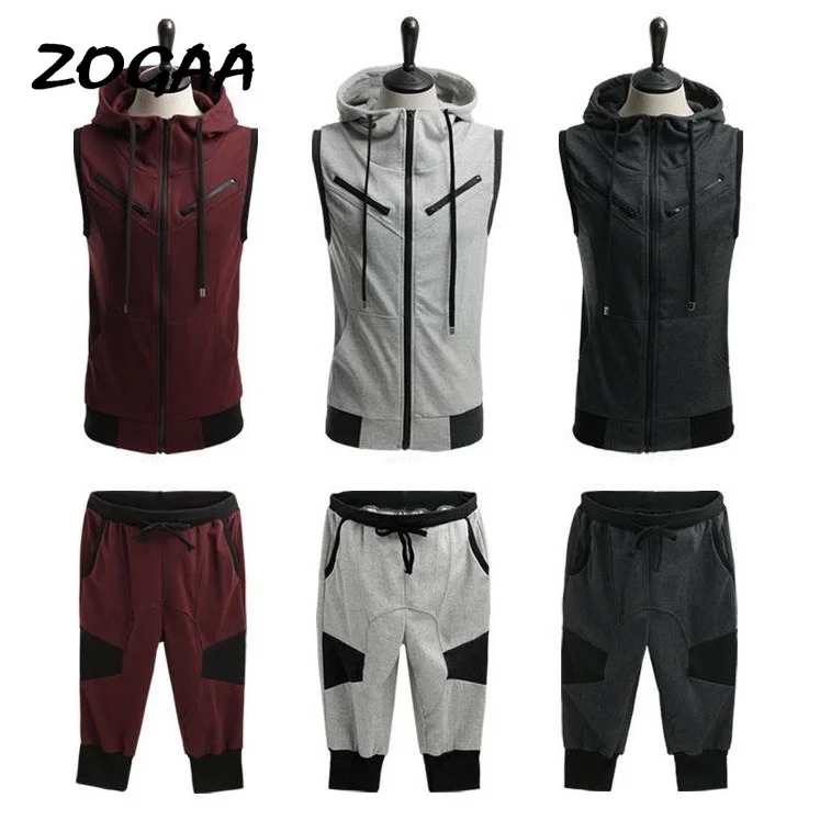 

ZOGAA 2020 Men Summer Hoodie Sleeveless Sweatshirt Set Drawstring Solid Calf-Length Tracksuit Men 2Pcs Sportswear men track suit