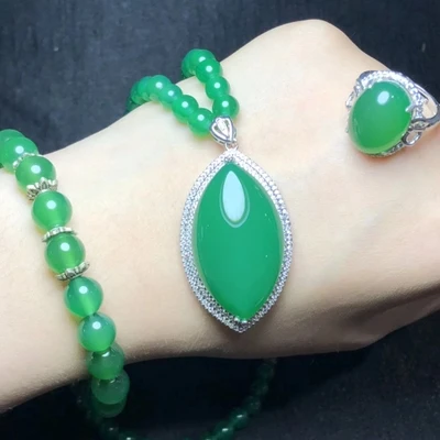 B Набор из трех предметов Jade myelin, ожерелье, 925 серебро, инкрустированное зеленым нефритом, подвеска для ожерелья и сережек, кольцо, Женские Ювелирные изделия - Цвет камня: B