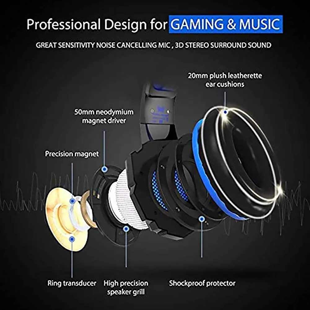 2 Gamer Headset LED Light Over ear Gaming Calling Headphone with Mic Portable Entertainment Earphone Supplies for G200 Gen