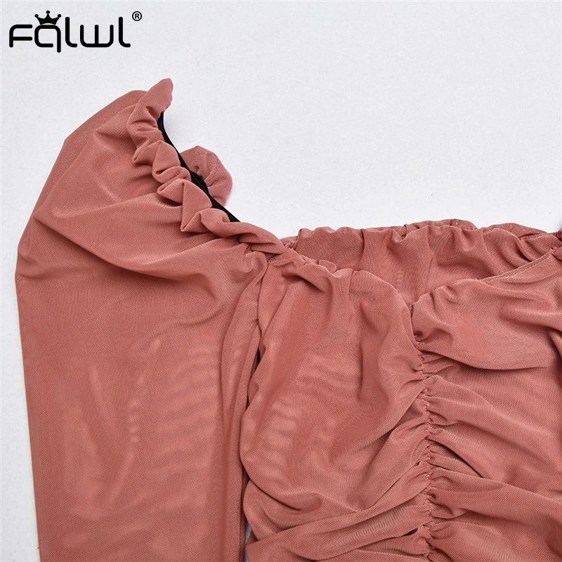 FQLWL Transparent Ruffles Mesh Bodysuit Women Top Pleated Long Sleeve Backless Sexy Bodycon Bodysuit Female Ladies Jumpsuit