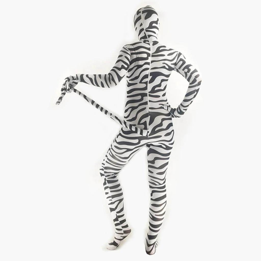 Full Body Zebra Bodysuit With Tail Ears Spandex Unitard Costume Outfit S-3XL