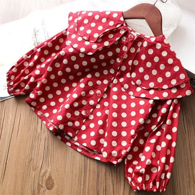 

2019 Spring Girls Polka Dot Shirt Little Girl Retro Large Lapel Long-sleeved Upper Garment Versatile Shirt 53107