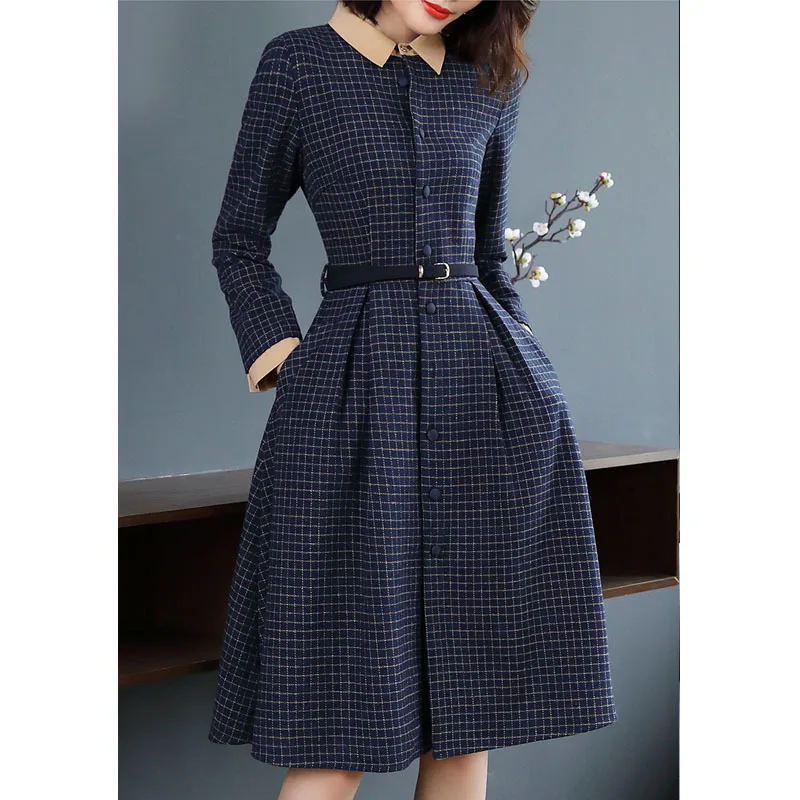 

2019 New Style Ol Elegant Dress Women's Autumn And Winter Shirt Collar Waist Hugging Slimming Plaid Woolen Base Skirt