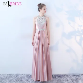 

Pink Evening Dresses Long ES2980 A-Line Sleeveless Halter-Neck Crystals Elegant Pleat Formal Party Gowns Abiye Gece Elbisesi